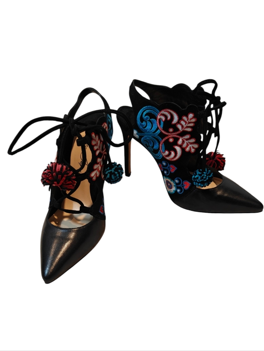 ISA TAPIA NWOT Deia Designer Black leather embroidered pompom Shoes 36 US 6
